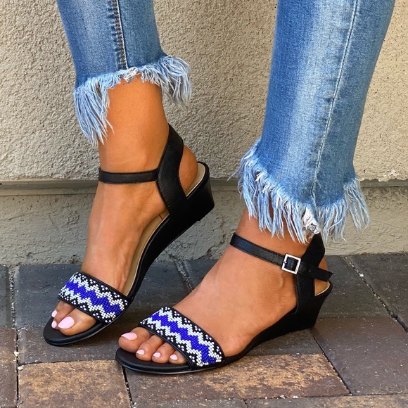 Beads Embellished Ankle Strap Kitten Wedge Sandals - Picture 2 of 11